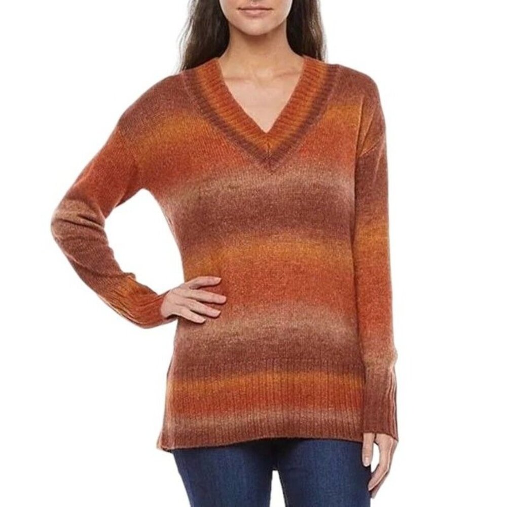 New A.n.a Womens V-Neck Soft Ombre Orange Brown Sweater M Retro Hippie Boho Y2K